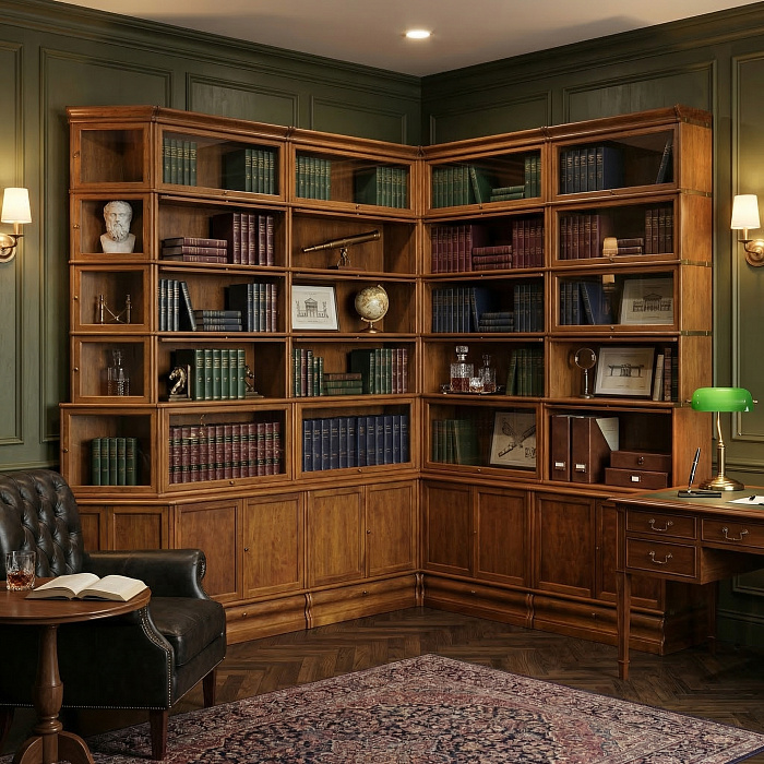 Угловая библиотека для кабинета в цвете "орех"